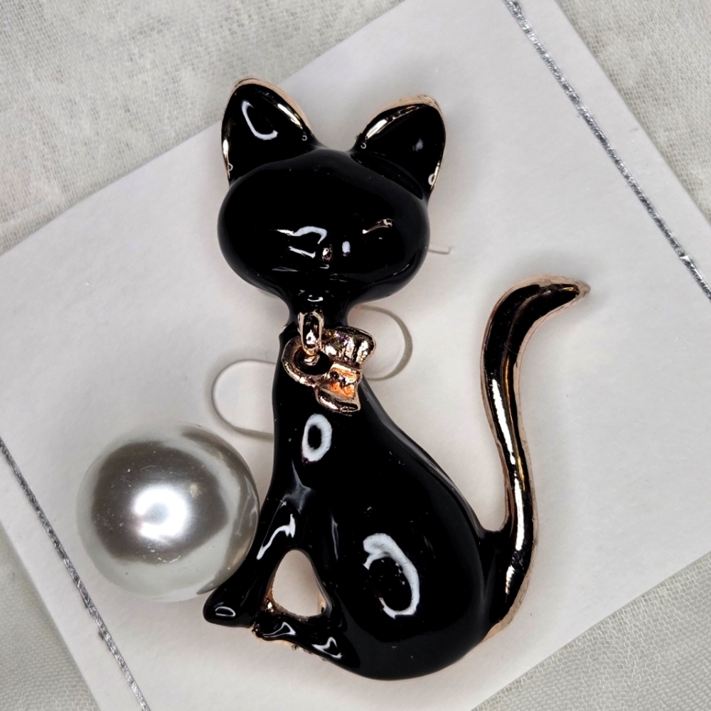 Black Cat Brooch with Pearl Accent